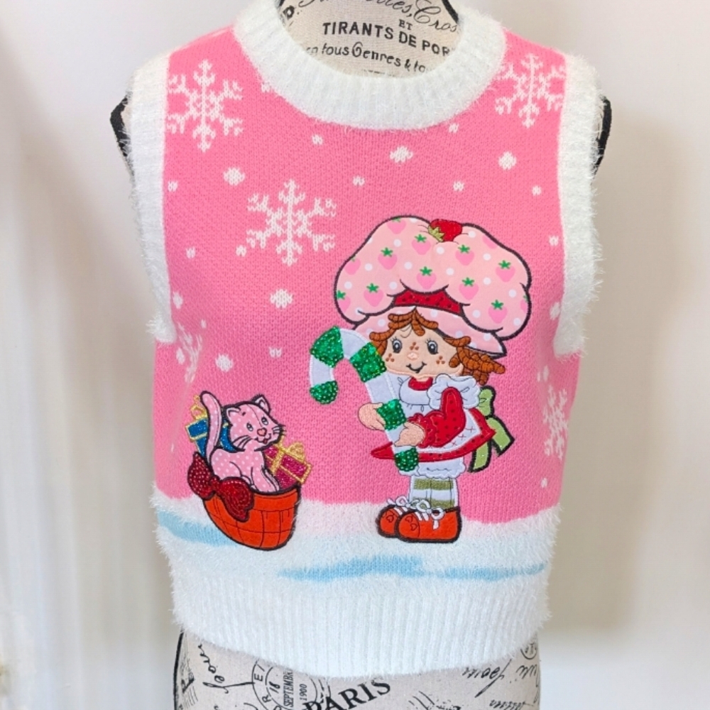 Pink Novelty Crew Neck Sweater Vest with Candy Cane Girl Graphic